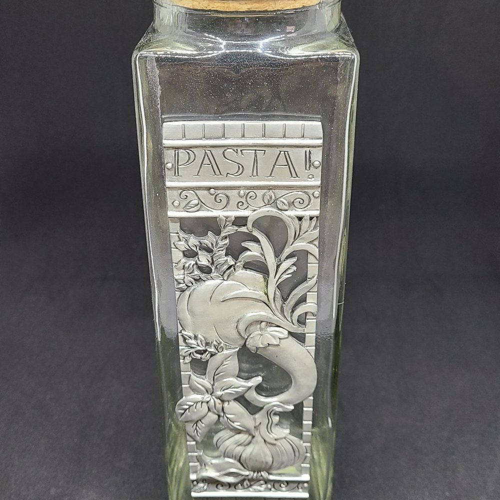 Made in Spain recycled glass pasta container with pewter design.